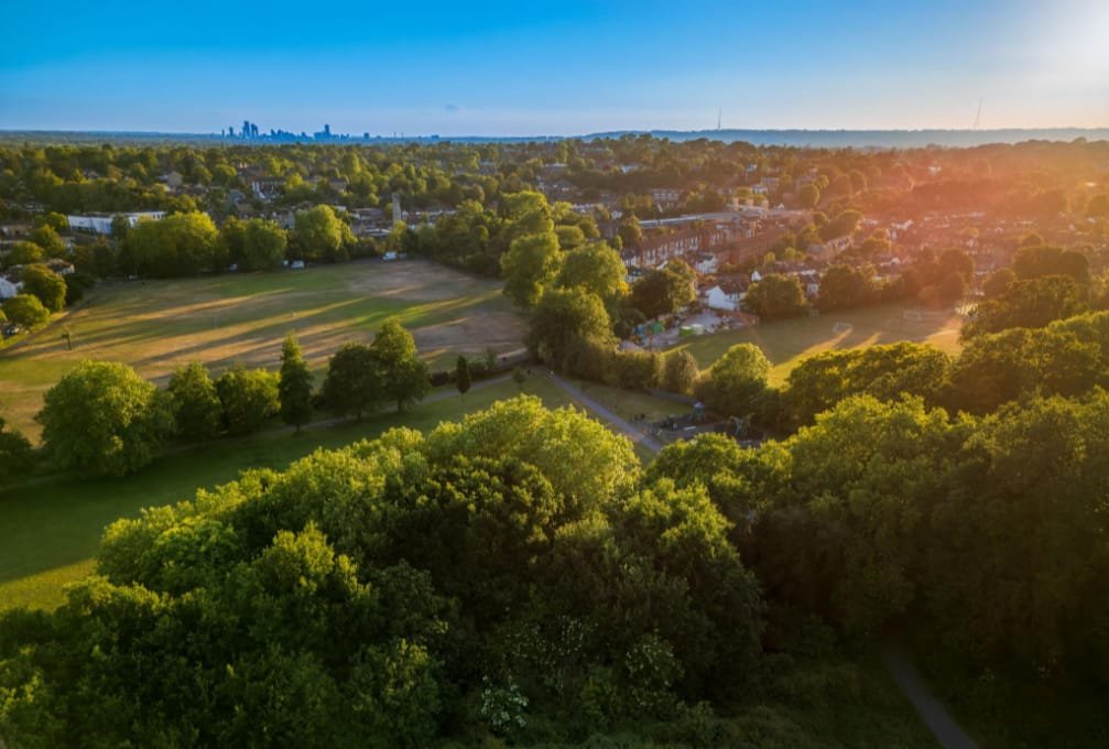 Aerial view over Bromley at sunset